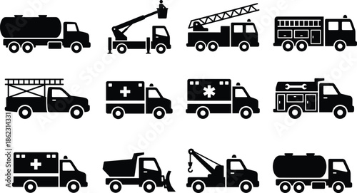 Silhouette icons of emergency, utility, and service trucks including ambulances, fire trucks, tow vehicles, and construction machinery for industrial transportation and rescue operations