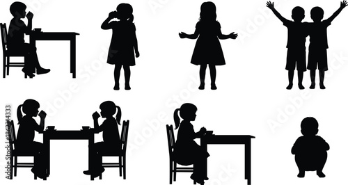 Children silhouette collection showing kids daily activities at home, eating, drinking, standing and playing scenes in black and white illustration