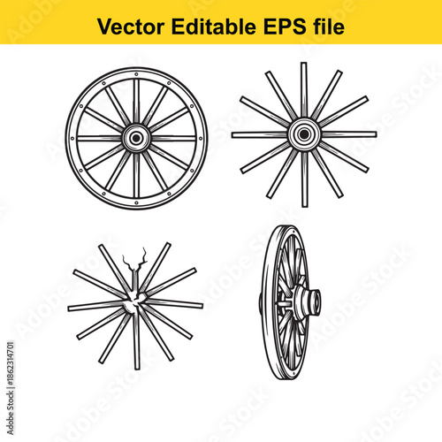  vector illustrations of various wagon wheel designs in black isolated on white background