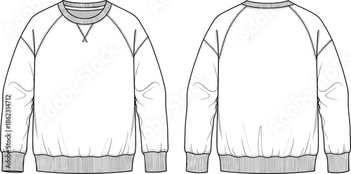 Classic sweatshirt CAD drawing showing front and back views technical apparel design for fashion production cad drawing flat vector illustration