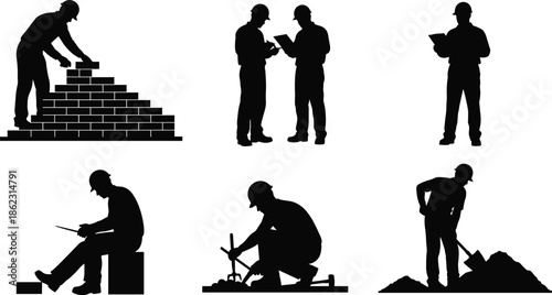 Construction worker silhouette set showing building, bricklaying, planning and digging activities isolated on white background flat vector illustration