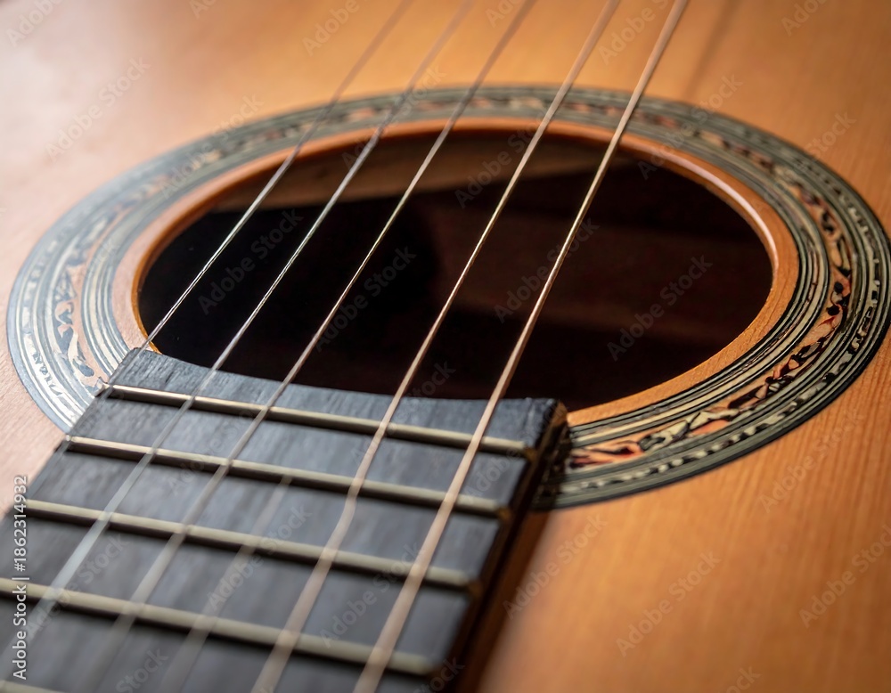 Obraz premium Close-up of acoustic stringed instrument. Focus is on soundhole, strings, and fretboard, displaying details of wood grain and craftsmanship