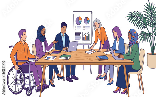 Diverse business team meeting illustration showing inclusive collaboration, data analysis, strategy discussion, teamwork, leadership, and professional workplace communication environment