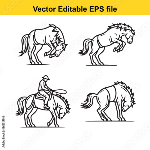  vector illustration of horses and riders in different poses isolated on white background