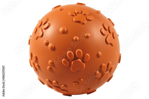 Rubber dog toy with paw prints in orange color on white background for pet supplies