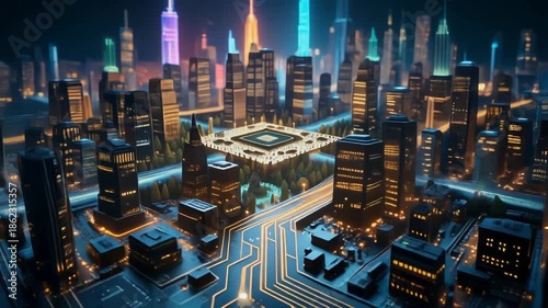 City built on a motherboard - smart city and technology concept with buildings in a downtown made from circuitry and computers