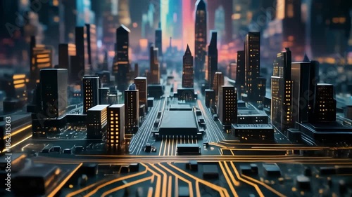 City built on a motherboard - smart city and technology concept with buildings in a downtown made from circuitry and computers