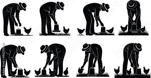 Farmer feeding chickens silhouette set in rural farm scenes with poultry care actions isolated on white flat vector illustration