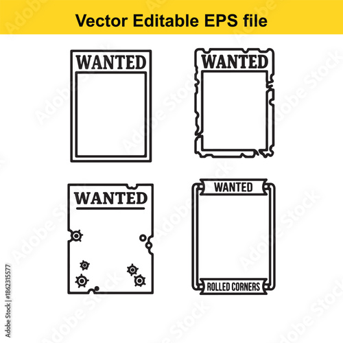  set of four wanted poster templates with unique border designs on white background