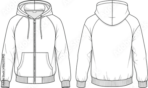 Front and back hooded sweatshirt technical apparel sketch for fashion production, garment specification, and clothing design, cad drawing flat vector illustration