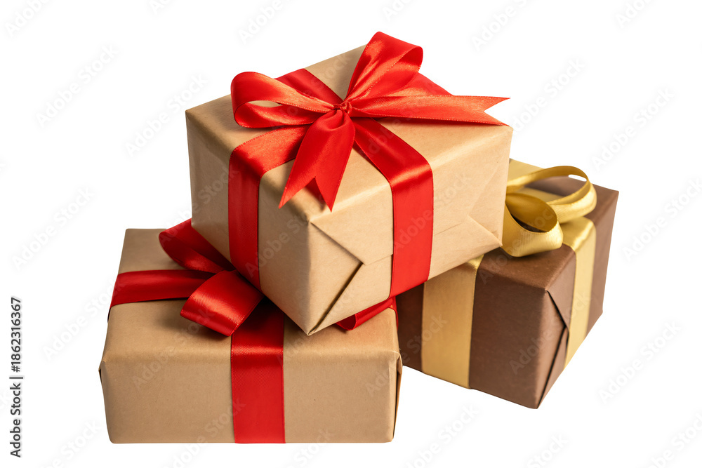 Fototapeta premium Wrapped presents with red ribbon in festive wrapping with satin bow for holiday gift giving