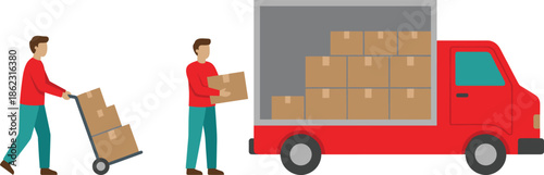 Logistics delivery illustration showing workers loading cardboard boxes into cargo truck, warehouse distribution, shipping process, supply chain management, and transportation service