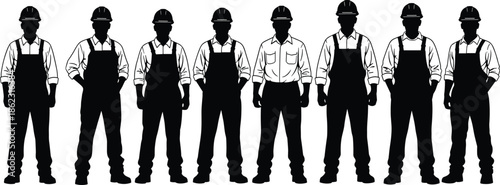 Group of industrial construction workers silhouettes wearing helmets and overalls, standing in row, labor workforce concept isolated on white background