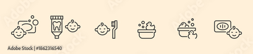 Baby Hygiene and Daily Care Icon Set, Minimalist Line Art Vector for Newborn Grooming, Toddler Dental Health, Bath Time Safety, and Infant Home Protection Symbols