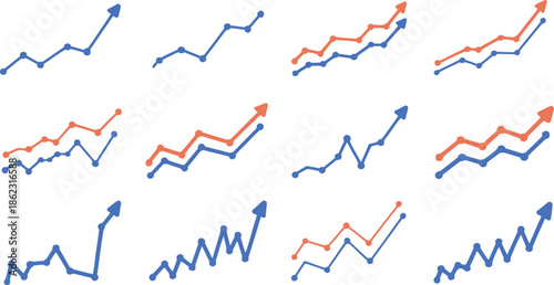Seamless pattern with various increasing linear graphs symbolizing financial growth and positive business trends set on transparent grid