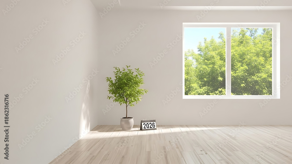 Fototapeta premium This professional digital illustration depicts a bright and empty minimalist room, offering a sense of a fresh start and infinite possibilities