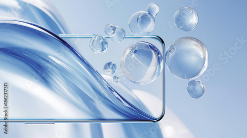 Transparent Smartphone with Bubbles, Airy Glass Crystal Mobile Clean Device Design, Futuristic Minimal Tech Concept on Blue Background.