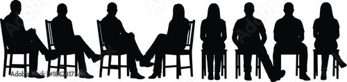 People sitting on chairs silhouettes set showing different relaxed postures and mixed genders, waiting group illustration isolated on white background