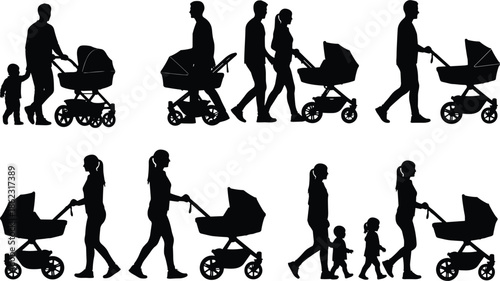 Parenthood silhouettes of mother and father walking with baby stroller, family life stages, childcare routine isolated on white background