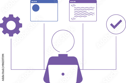 Modern software development workflow illustration showing programmer managing coding, settings, user interface, and successful system deployment process efficiently