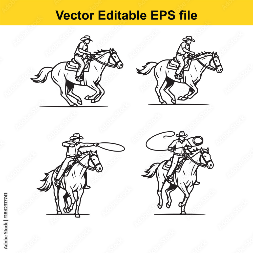 Fototapeta premium vector illustrations of cowboys riding horses and roping isolated on white background