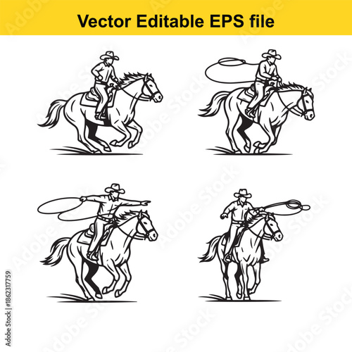  four cowboy riding horse icons in various action poses isolated on white background