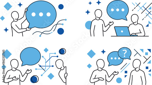 People communication illustration set showing conversation discussion collaboration questions chat bubbles abstract elements minimal outline style isolated vector design