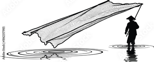 Silhouette fisherman casting traditional net in shallow water with ripples, minimal black and white illustration concept asian rural fishing scene