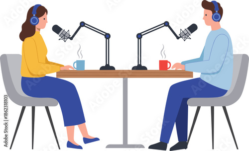 Podcast interview illustration featuring male and female hosts recording conversation with microphones headphones coffee table in modern studio environment setting