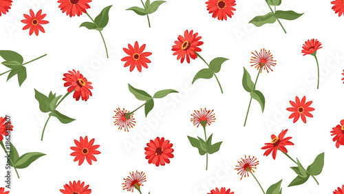 A repeating pattern featuring vibrant red and pink flowers with green stems and leaves.