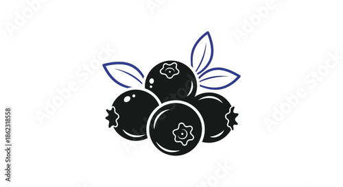 A minimalistic illustration showcases a cluster of dark blueberries with delicate green leaves a simple design