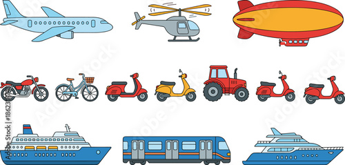 Colorful collection of various transportation vehicles including cars, bikes, scooters, ships, trains, helicopters and airplanes, detailed vector illustration for travel, transport and mobility concep