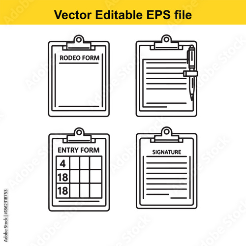  vector editable eps file of four different clipboard icons with rodeo and entry forms on white background