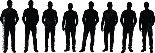Standing men silhouettes set showing different body types and casual poses, human figure collection isolated on white background