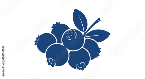 A stylized illustration of deep blue blueberries with leaves presented in a simple graphic design