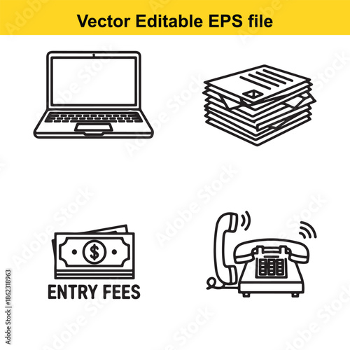  vector editable eps file with laptop, documents, money, and telephone icons