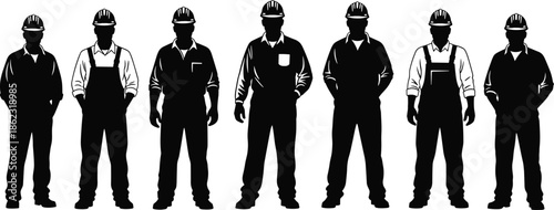 Silhouette of industrial workers wearing safety helmets standing together, professional construction and factory labor team isolated on white background