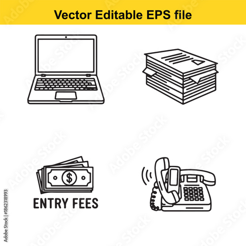  vector editable eps file of business icons with laptop and telephone on white background