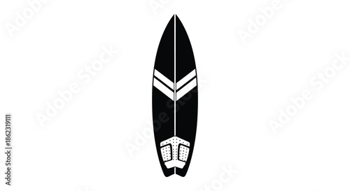 A minimalist black and white illustration depicting a surfboard with distinctive design elements