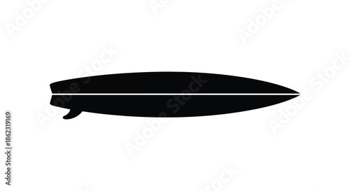 A simple black silhouette depicts a surfboard lying flat with a defined tail and nose