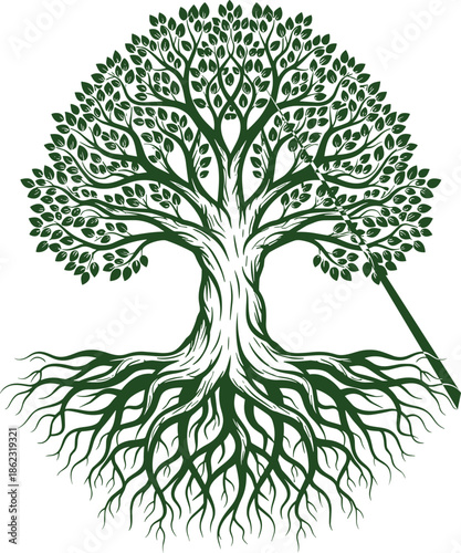 Tree of life being cut by axe illustration, environmental destruction and deforestation concept symbolizing ecology loss, sustainability threat, and nature imbalance