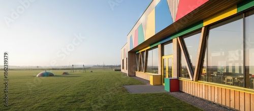daycare center exterior with primary colors and shapess
