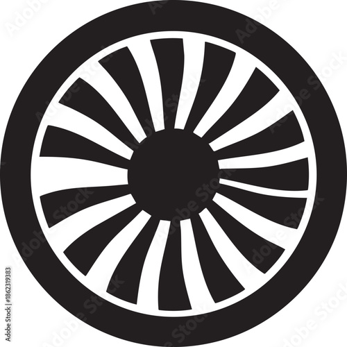 Black and white stylized wheel silhouette with radiating spokes and a central hub