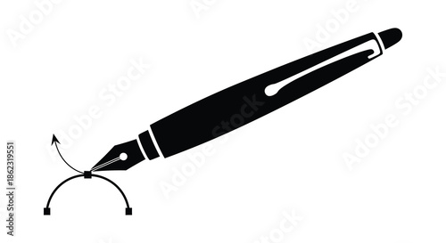 A minimalist black and white illustration depicting a fountain pen with an arc symbol