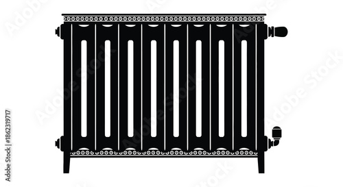 A simple illustration depicting a black cast iron radiator with vertical fins isolated on white