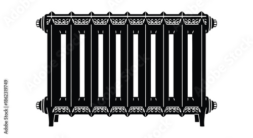 A simple black and white illustration depicting a classic cast iron radiator with vertical fins
