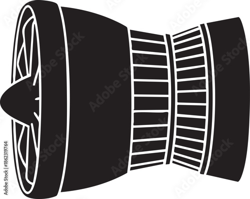 Black silhouette of a jet engine with detailed internal components silhouette