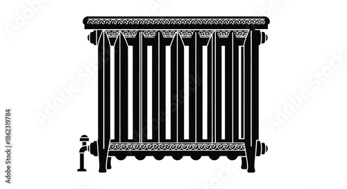 A detailed black and white illustration depicts a vintage cast iron radiator with ornate designs