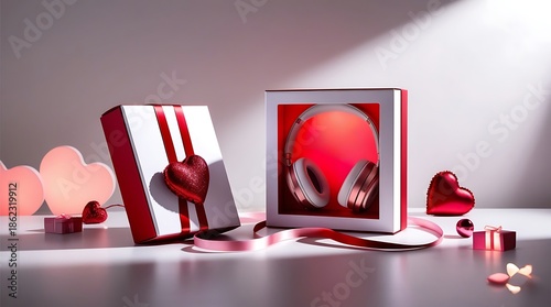Photo of a premium headphone gift box styled for Valentine’s Day with red and pink decorations, studio lighting with controlled highlights and subtle shadows.