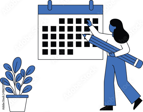 Schedule planning illustration showing woman marking calendar dates with pencil for project management deadline organization time planning concept design